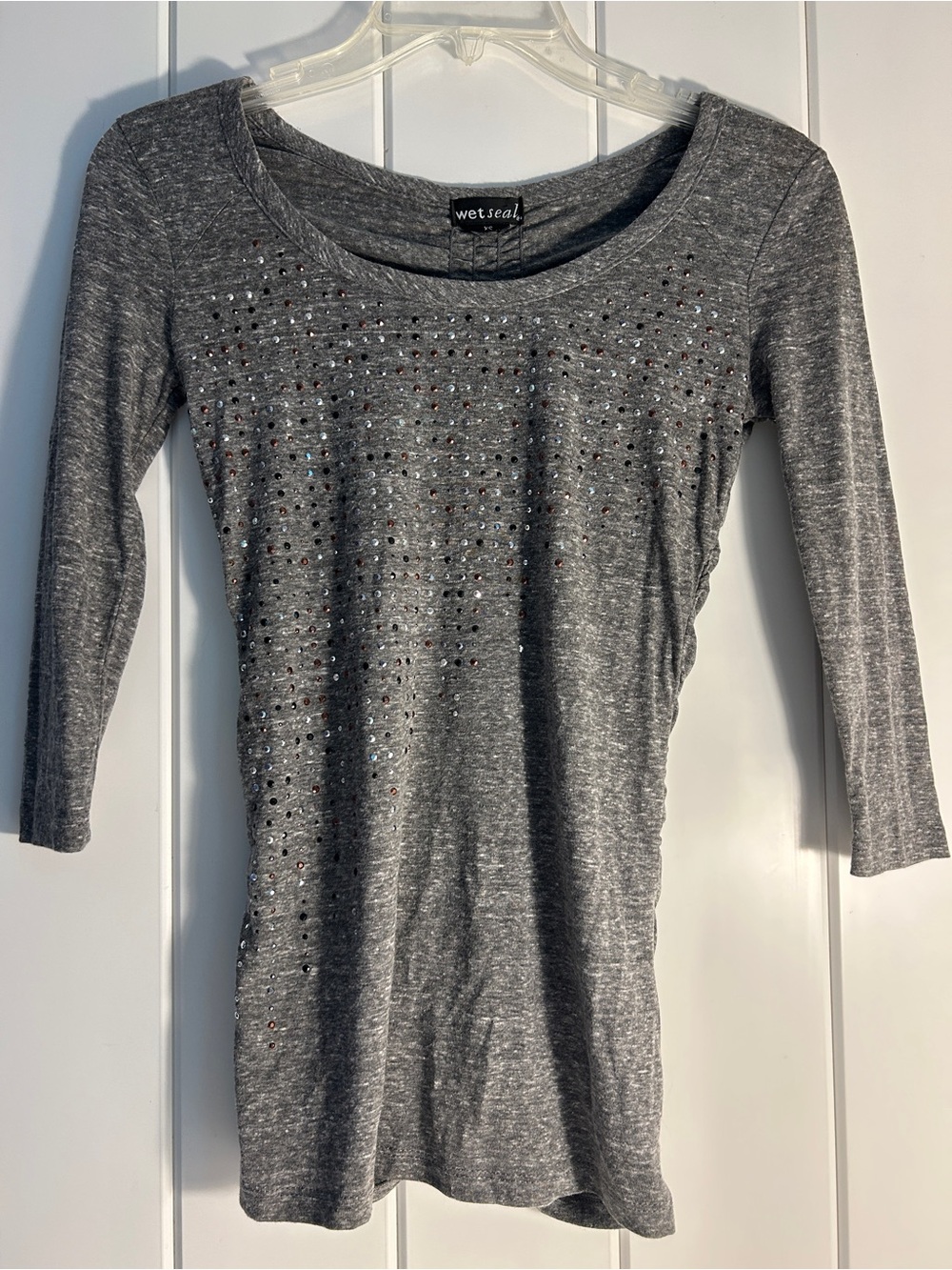 Vintage Wet Seal Y2K Gray Rhinestone Ruched Back Top XS edgy studded